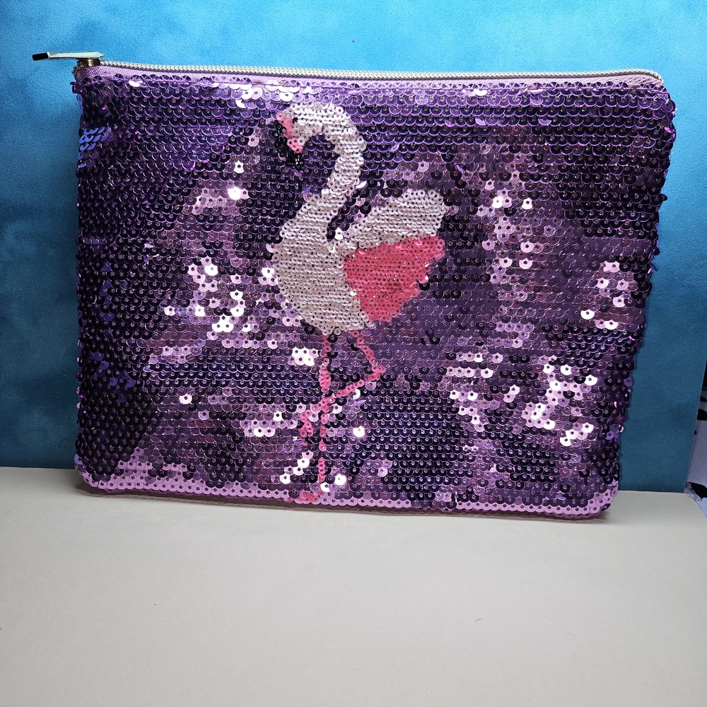 Tarte Purple Sequin Cosmetic Bag with Flamingo